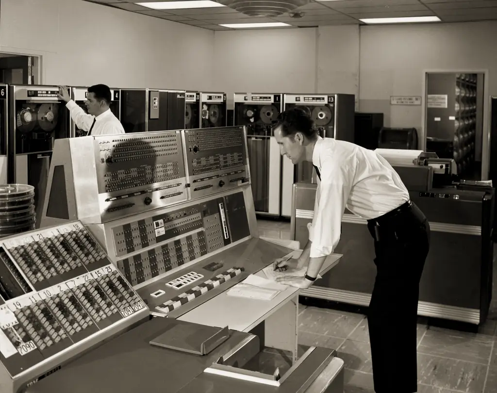 Two operators at a mainframe console in a 1960s computer room