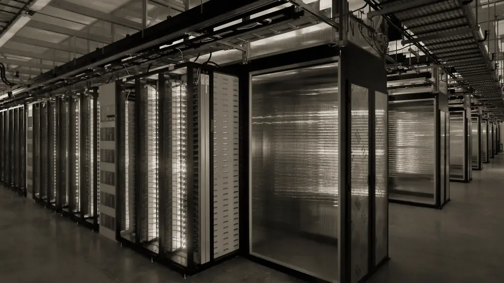 A modern data centre hall lined with glass-fronted server cabinets