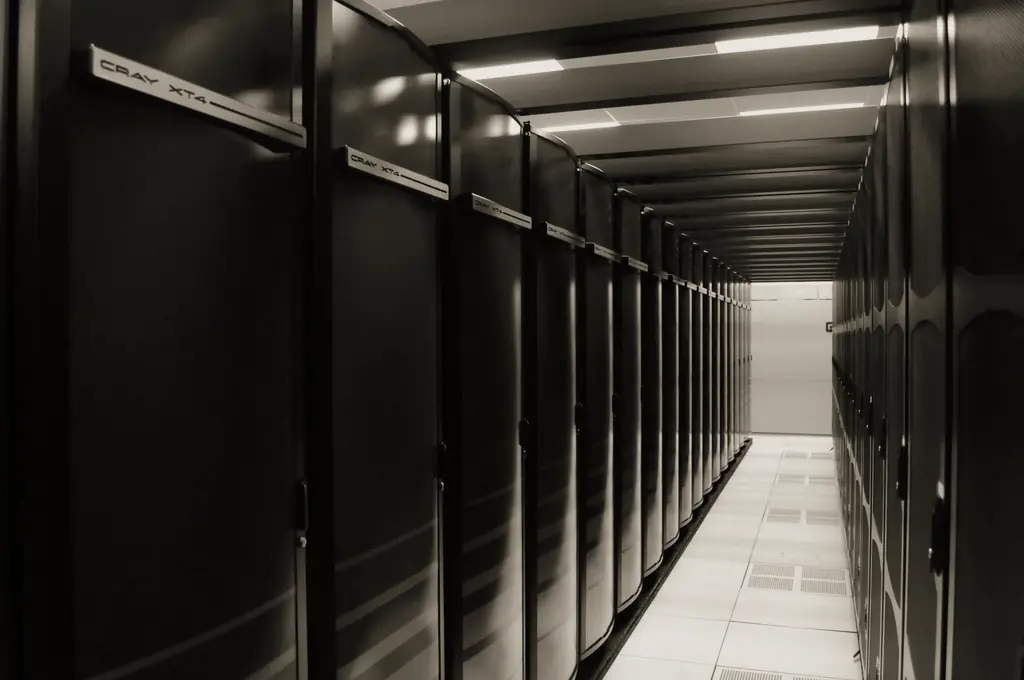 A corridor between rows of tall black computer cabinets